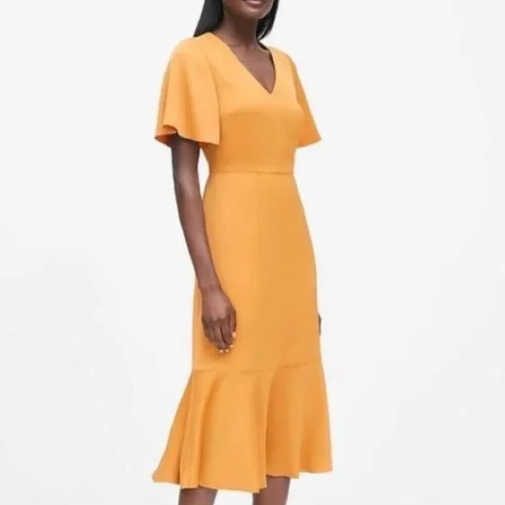 Banana Republic Midi Dress Satin Yellow Flutter Sleeve Flounce Hem